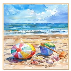 Watercolor Beach with Colorful Ball Blue Bucket Shells and Shovel on Sandy Shore