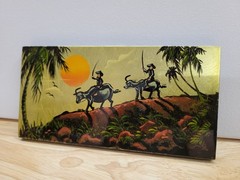 Vtg Vietnamese Lacquer Painting Gold Leaf Water Buffalo Sun Art Plaque 8.5″ x 4″