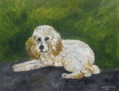 Vintage French Painting Oil, Portrait of a Dog French Poodle, Framed Signed 1998