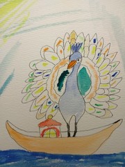 Original WATERCOLOR Painting 6×9 Inch Whimsical Animals Peacock On Boat GAT