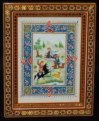 Middle Eastern Hand Painting Horse Riders Hunting Khatam Inlaid MAGNIFICENT ART!