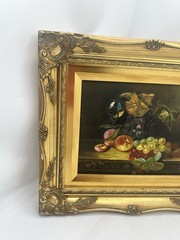 Vintage Signed Van Hunt Still Life Oil Painting Fruit Grapes Wine Glass Framed