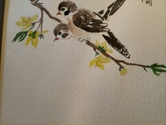 Original Oriental Watercolor Birds On A Branch. Signed. 10 X 13”