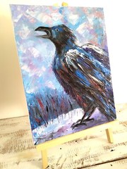 Original mini oil painting Screaming Black Raven on Snow wall decoration