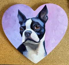 boston terrier oil painting on heart shaped arctic birch wood panel