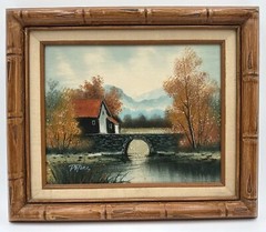 Vintage Signed Peters Oil on Canvas Painting Country Home w/ Bridge Water Scene