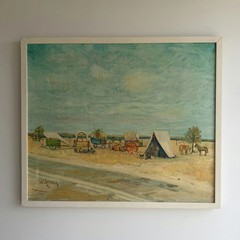 Refined Landscape Oil Painting „Covered Wagons“ Authentic Artwork