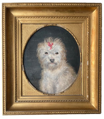 19th Century Impressionist Painting – Antique Oil – Dog Portrait Maltese Bichon