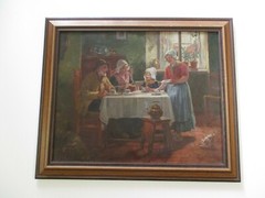 ANTIQUE VINTAGE OIL PAINTING GENRE PORTRAIT INTERIOR LISTED MEN WOMEN CAT KITTEN