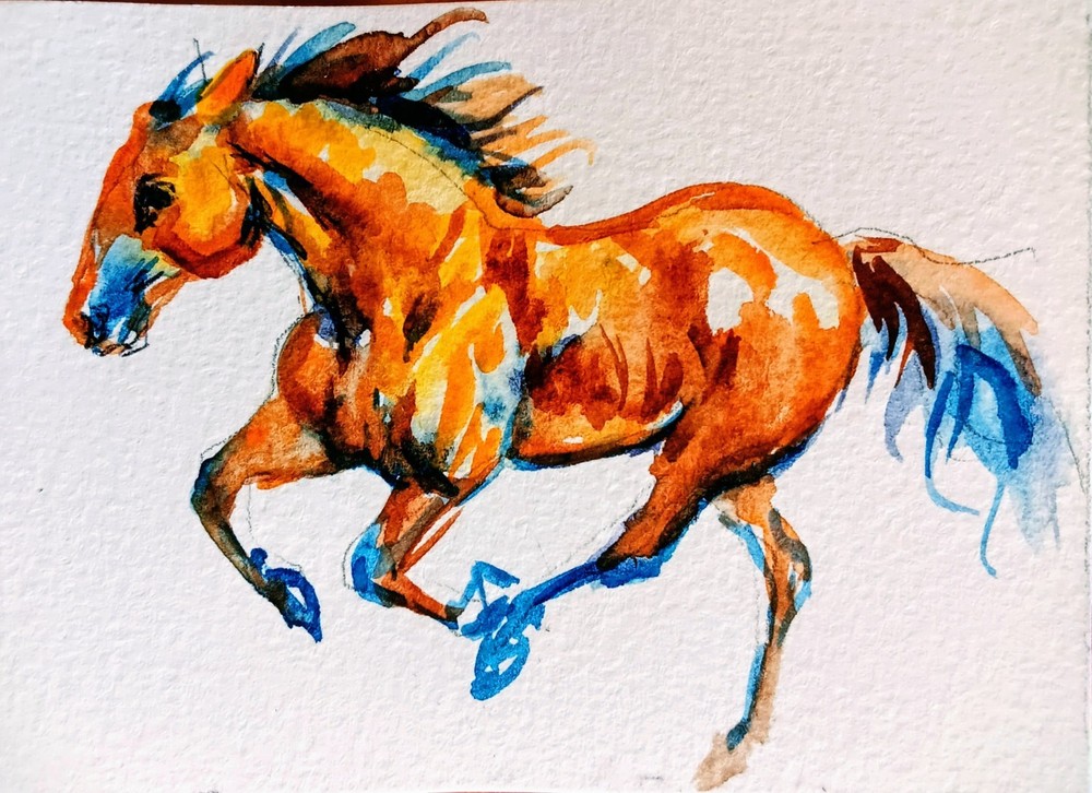 Aceo Horse Running art,original Watercolor painting Horse Lover gift 3.5×2.5″