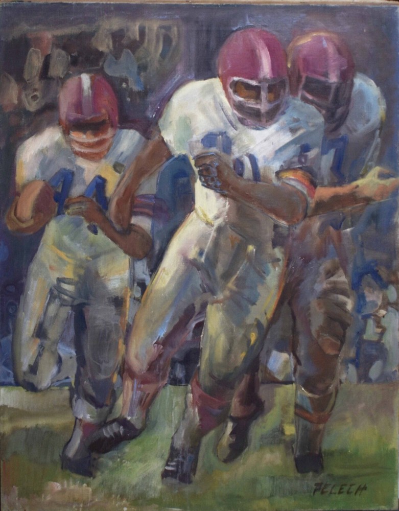 Pelech Original Signed Vintage Oil -American Football Athletes/Game Scene