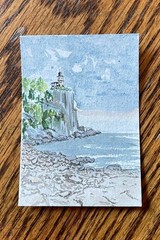 ACEO by SEAsbillART lighthouse storm rocks trees Great Lakes Superior Split Rock