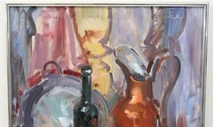 22×28 Mid Century Vintage Oil Painting Still Life Fruit Watermelon Wine Bottle