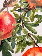 Original 11.7 x 16.5 inches Watercolor Painting „Two Birds in Pomegranate Tree“