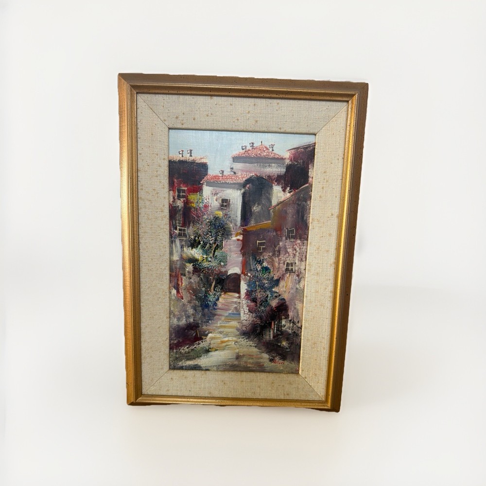 80s VTG Original Local Artist Signed Framed Painting of Charming Spanish Village