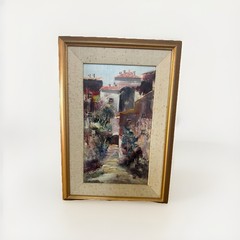 80s VTG Original Local Artist Signed Framed Painting of Charming Spanish Village