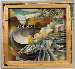 American 20th C, Vintage Batik Painting, Cubist Still Life Guitar Landscape
