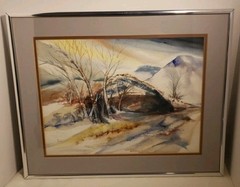 Original Lori Fischman (1927-2017) „Snowy Hills“ Watercolor, Framed, Berks Co PA