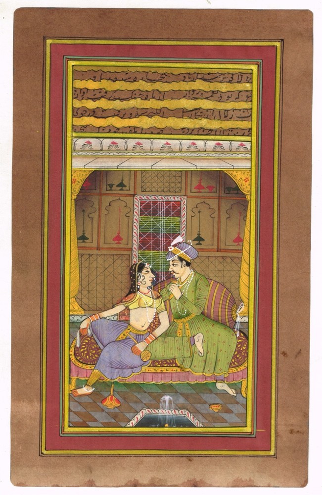 Indian Mughal Miniature Painting Depicting A Royal Couple In Love Scene4.5X7.5″