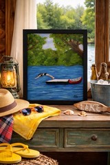 Lake Diving Painting Summer Swimming Landscape Nostalgic Art 11×14 Framed