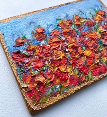 ACEO Original Oil Painting Poppies Blooming Canvas Impasto 2.5×3.5in Signed OS
