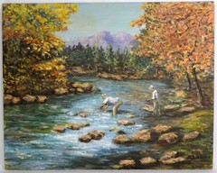 Vintage Autumn OIL PAINTING-PANNING FOR GOLD in the River-Signed-16″ x 20″