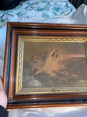 ANTIQUE PAINTING ON CANVAS JESUS ASSESSION ANGELS WATCHING 3 CROSSES IN DISTANCE