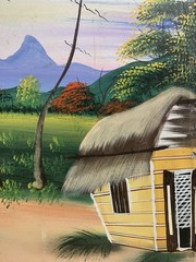 Folk Art Haitian Village Palm Scene Oil Painting on Canvas Signed Jean Wilbert