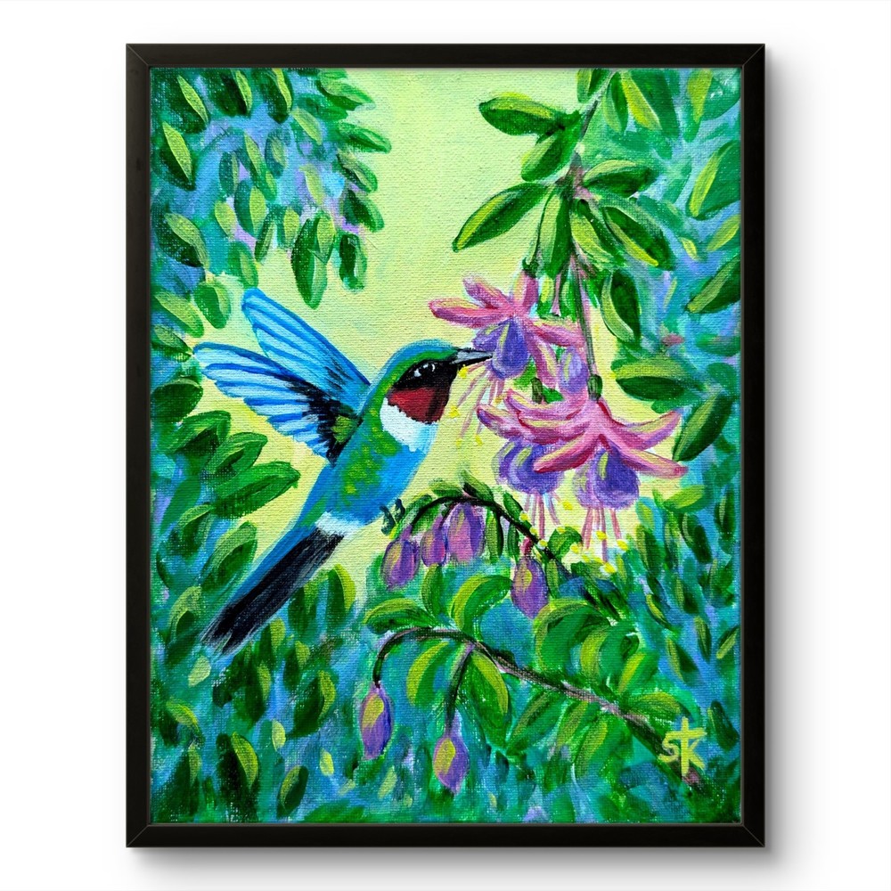 Original Nature 8×10 Canvas Painting Signed Blue Hummingbird Impressionist Decor