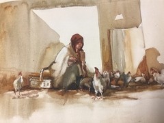 Patrick Cahill Irish Artist Watercolor “Woman Feeding Chickens“