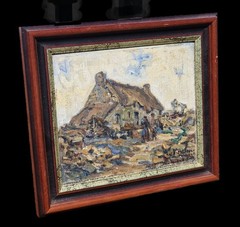 Antique French Oil Painting Portrait Woman Child Cottage Signed Art Framed 20thC