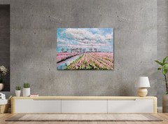 Oil painting ORIGINAL art Pink tulips Tulip fields art