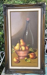 Vintage Oil Painting Still Life Fruit, Wine Copper Bowl Framed Brown Background