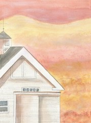 OrIgInAl FoLk ART WaTeRCoLoR PaInTiNg Pink YEllOw WhItE BaRn Published Artist