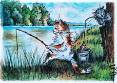ACEO Cat Painting Fishing Lake Summer Fish Catch Watercolor Original Art card