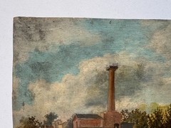 Early 19th Century Unfinished Oil Canvas Painting Factory Street Scene 10 x 7