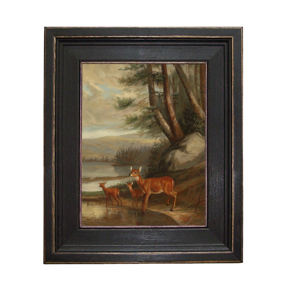 Doe with Two Fawns Framed Oil Painting Print on Canvas in Black Wood Frame