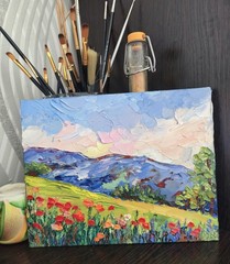 Original Art Oil Painting California Poppies Landscape Impasto Artwork 8x10in