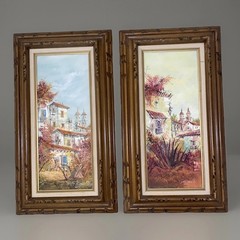Vintage Spanish Town Mission Oil Painting 27” X 15” Set 2 (Jose) J. Morales