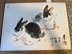 世骏 Signed Original Chinese Ink Painting on Paper Rabbits Large Unframed