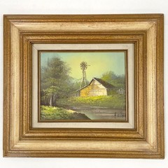 VNTG Signed Illegible Farmhouse With Windmill Framed Landscape Oil Painting &COA