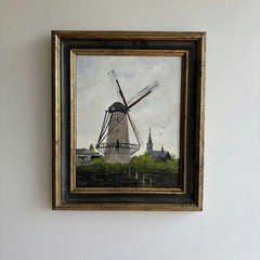 Traditional Landscape Oil Painting „Windmill Tower“ Rustic Small Artwork