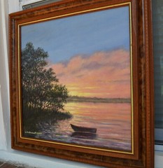 ASHORE AT DUSK – 15X15 inch original framed oil painting by K. McDermott
