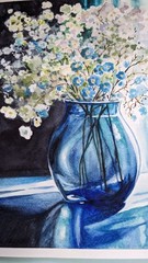 Floral Still Life Watercolor Painting Blue Forget-Me-Nots in Glass Vase Art A4