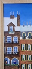 Vtg MCM Surrealist Bright Folk Art City Scape Framed Oil Painting FREE US SHIP