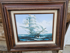 Oil Painting of Tall Ship at Sea Signed Nautical Art 16 1/2″ x 14 3/4″