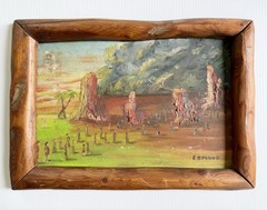 Vtg Original Oil Painting Tropical Indigenous Scene In Rustic Wood Frame, Signed