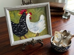 Vintage Folk Art Chicken Painting Original Canvas Framed Rooster Hen Country
