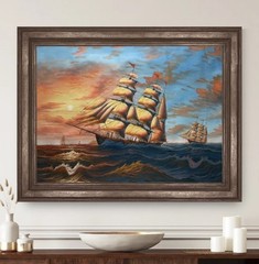 Large Sailing Ship Oil Canvas Painting Nautical Seascape Sunset Ocean Art Signed
