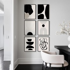 Framed Boho Abstract Wall Art, Set of 6 Modern Canvas Prints Black and White